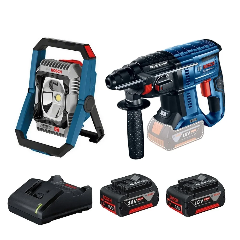 Combo Pague Menos Bosch 18V - Refletor de Led 2200 Lumens + Martelete Perfurador Rompedor  SDS-PLUS + 2 Baterias 18V 4ah e Carregador Bivolt BOSCH