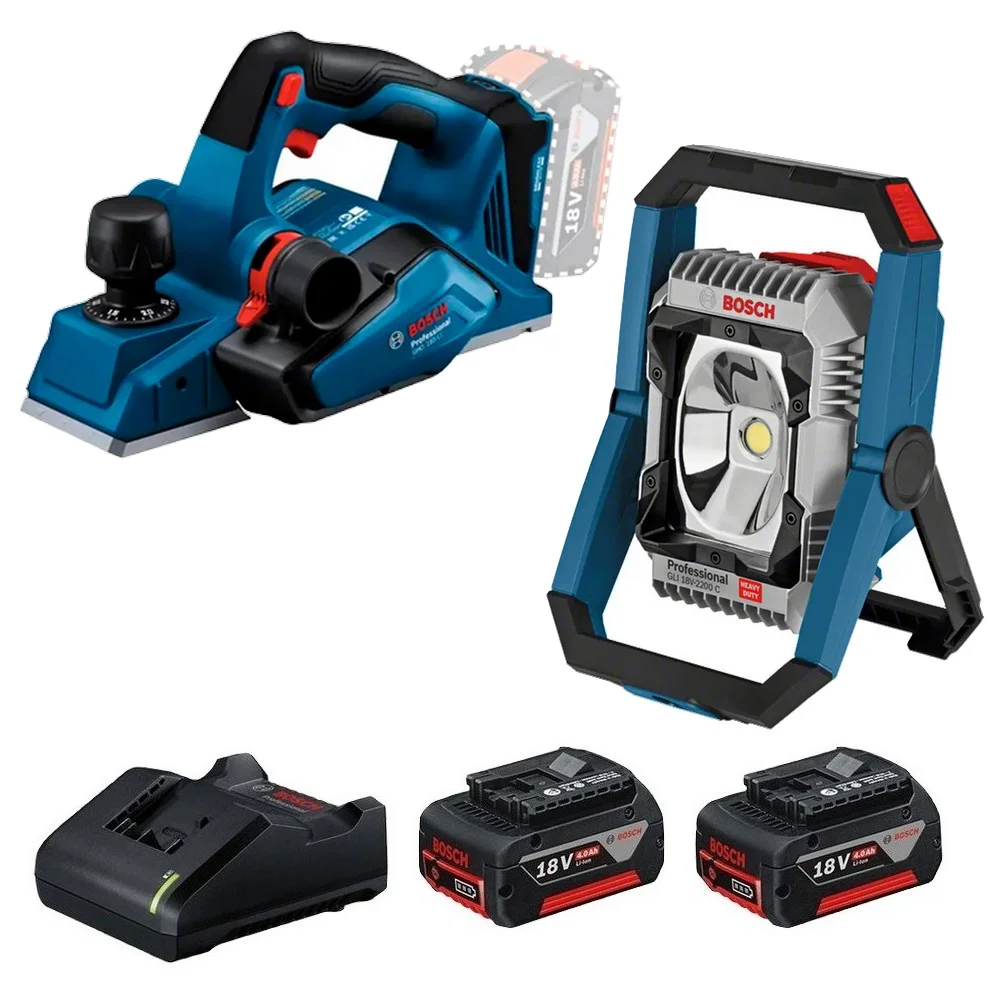 Combo Pague Menos Bosch 18V - Refletor de Led 2200 Lumens + Plaina 82mm + 2 Baterias 18V 4ah e Carregador Bivolt BOSCH