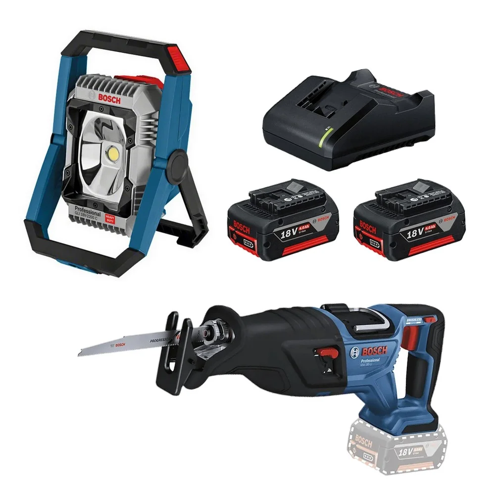Combo Pague Menos Bosch 18V - Refletor de Led 2200 Lumens + Serra Sabre + 2 Baterias 18V 4ah e Carregador Bivolt BOSCH