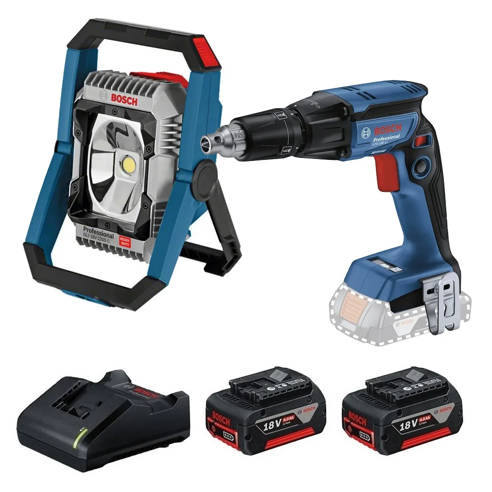 Combo Pague Menos Bosch 18V - Refletor de Led 2200 Lumens+Parafusadeira de Gesso e Drywall 1/4"+2 Baterias 18V 4ah e Carregador Bivolt BOSCH