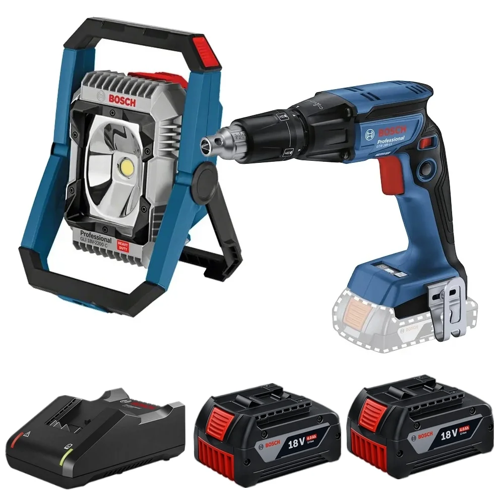 Combo Pague Menos Bosch 18V - Refletor de Led 2200 Lumens+Parafusadeira de Gesso e Drywall 1/4"+2 Baterias 18V 4ah e Carregador Bivolt BOSCH
