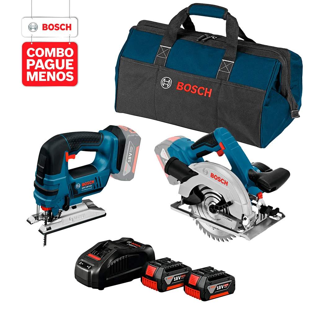Combo Pague Menos Bosch 18V - Serra Circular a Bateria Bosch GKS 18V-57, 18V + Serra Tico-Tico a Bateria Bosch GST 18V-LI, 18V, com 2 baterias 18V 4,0Ah 1 carregador rápido 127V GAL 1880 CV e 1 bolsa de transporte