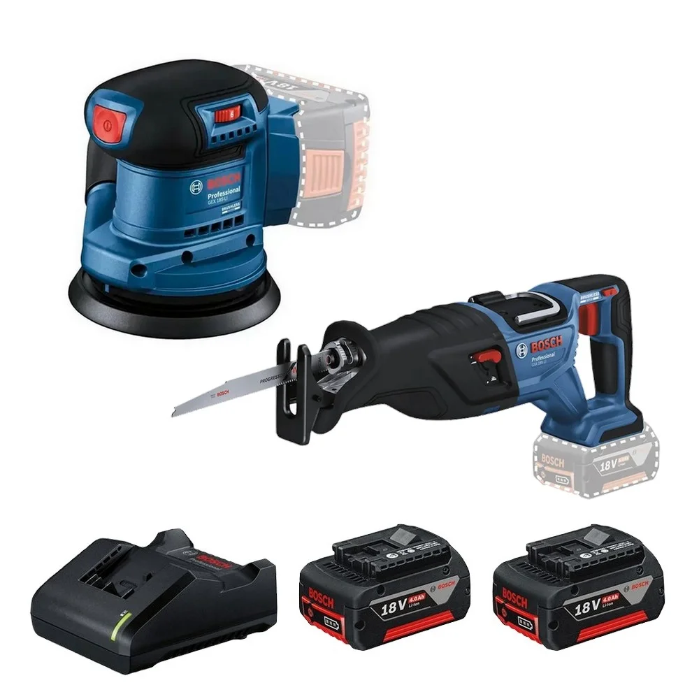 Combo Pague Menos Bosch 18V - Serra Sabre + Lixadeira Roto Orbital 5"-125mm + 2 Baterias 18V 4ah e Carregador Bivolt BOSCH