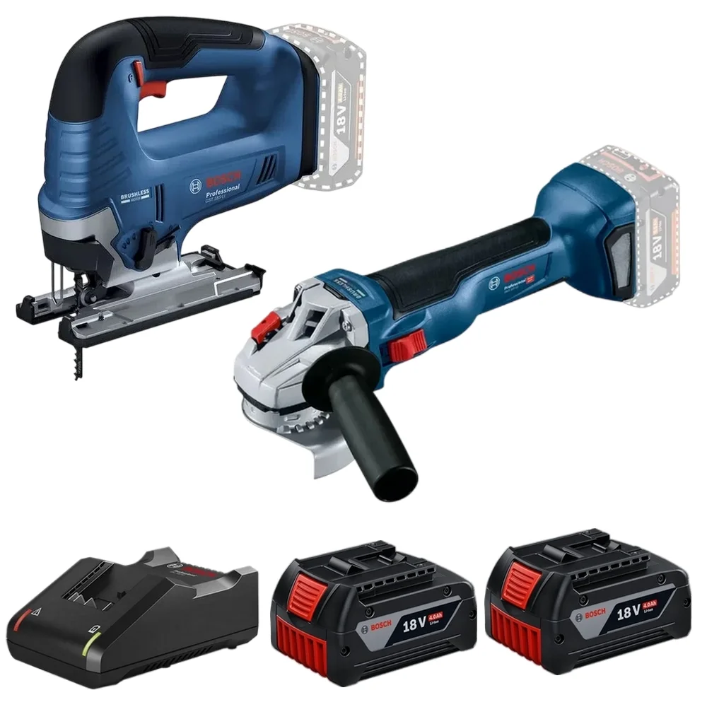 Combo Pague Menos Bosch 18V - Serra Tico-Tico 125mm + Esmerilhadeira 5" + 2 Baterias 18V 4ah e Carregador Bivolt BOSCH