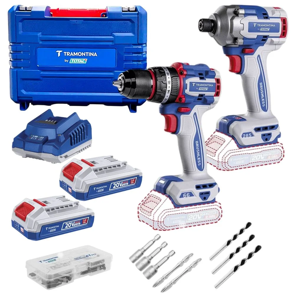 Combo Parafusadeira Furadeira+chave Impacto 20V Maleta Carregador 2 Baterias 2AH 1/4" 3/8" Bivolt Tramontina by Total 42328/001