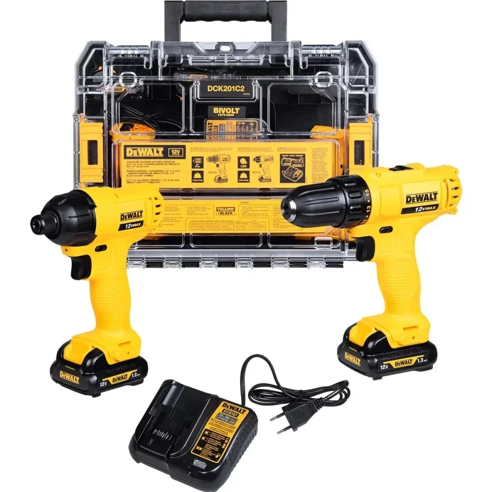 Combo Parafusadeira+furadeira Impacto 12V Carregador Maleta e 2 Baterias 1,3AH 3/8" 1/4" Bivolt Dewalt DCK201C2-BR