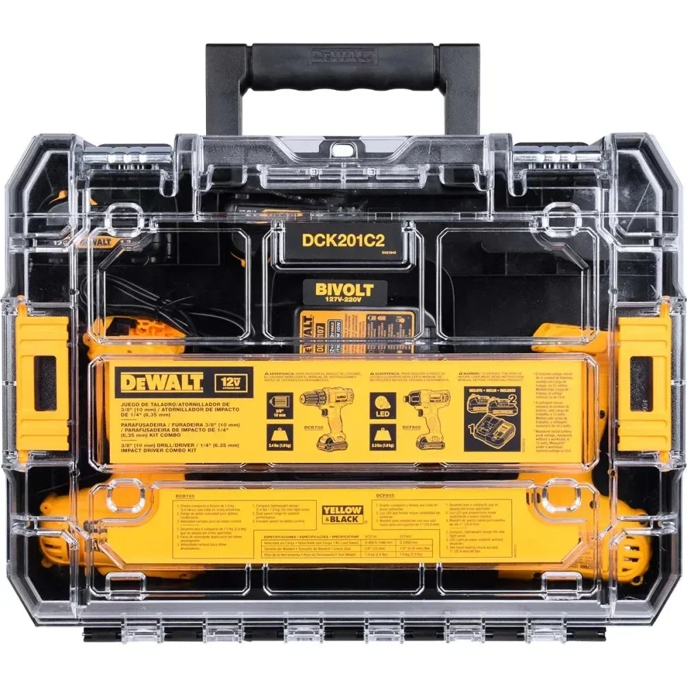 Combo Parafusadeira+furadeira Impacto 12V Carregador Maleta e 2 Baterias 1,3AH 3/8" 1/4" Bivolt Dewalt DCK201C2-BR