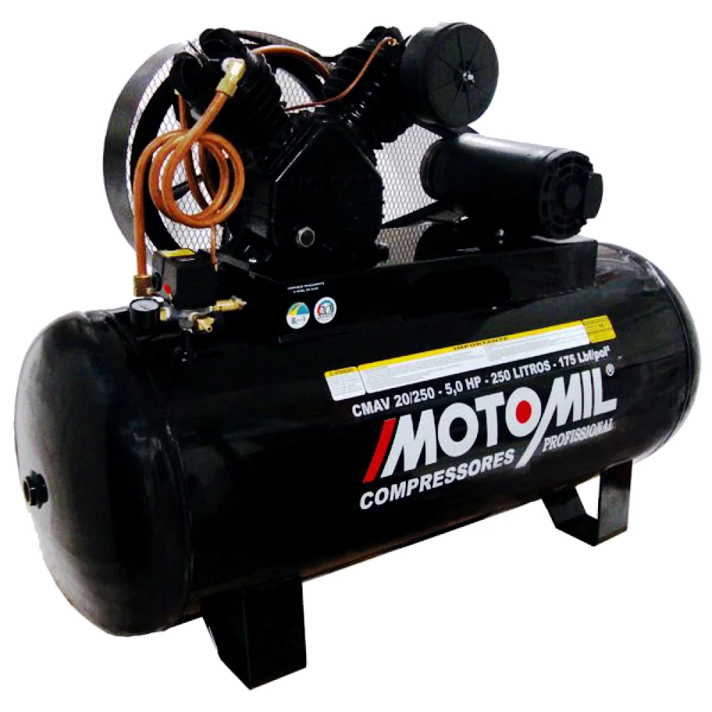 Compressor de Ar Alta Pressao 5HP 250 Litros 175 Libras 20PCM 220/380V TRIF Motomil CMAV-20/250