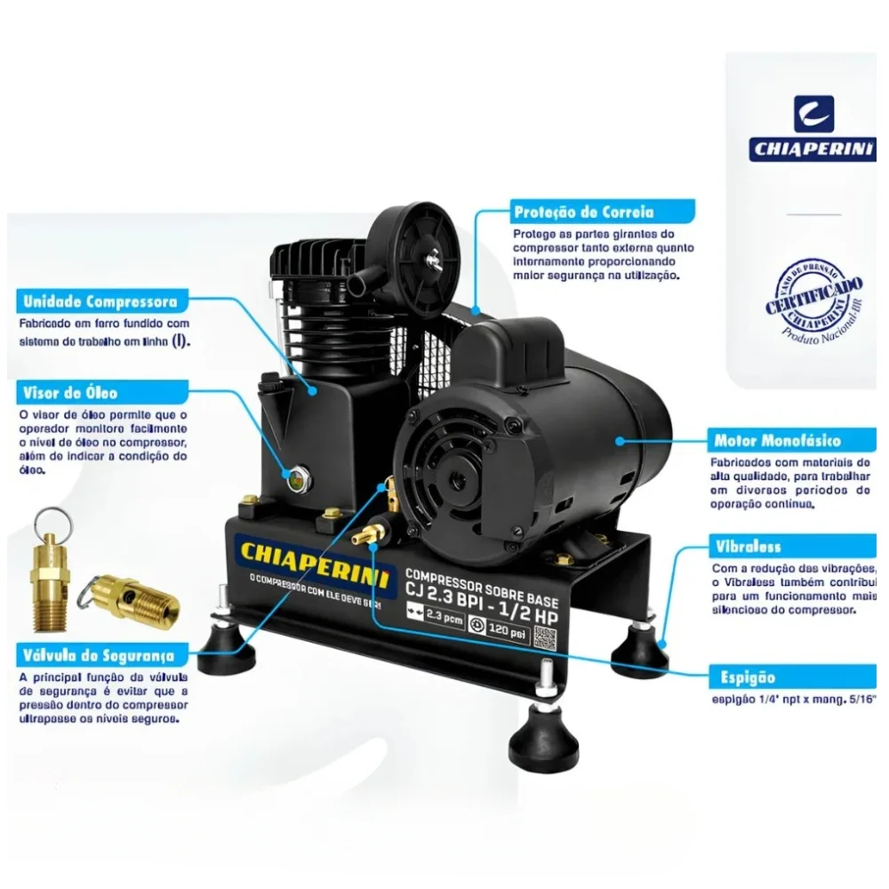 Compressor de Ar Baixa Pressao Para Poco Artesiano 1/2HP 120PSI 65L/MIN 2,3PCM Bivolt Chiaperini CJ 2.3BPI