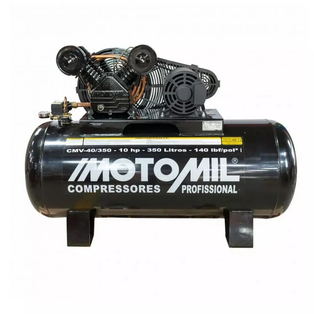 Compressor de Ar Media Pressao 10HP 350 Litros 140 Libras 40PCM 220/380V TRIF Motomil CMV-40/350