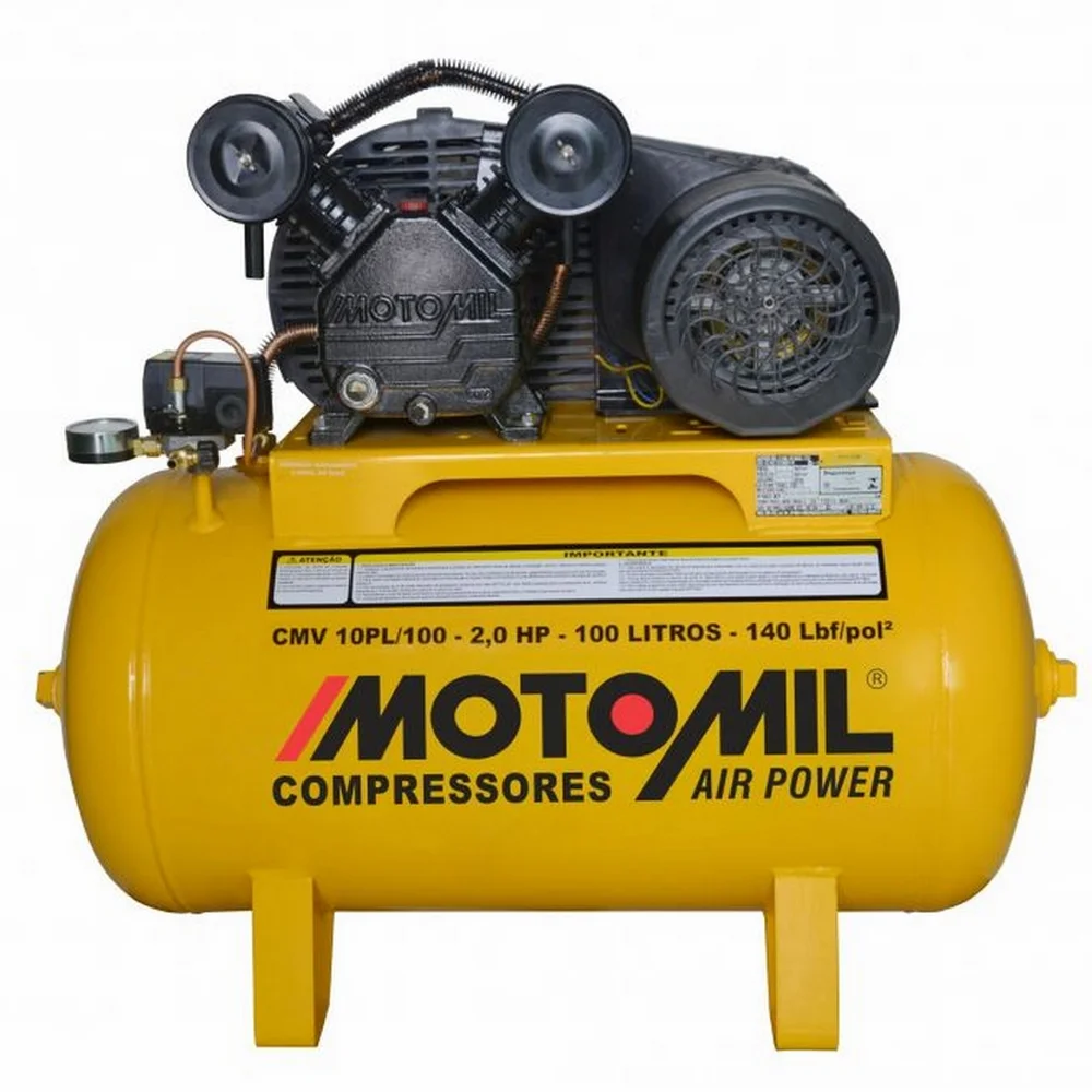 Compressor de Ar Media Pressao 2HP 100 Litros 140 Libras 10PCM Bivolt Motomil CMV-10PL/100