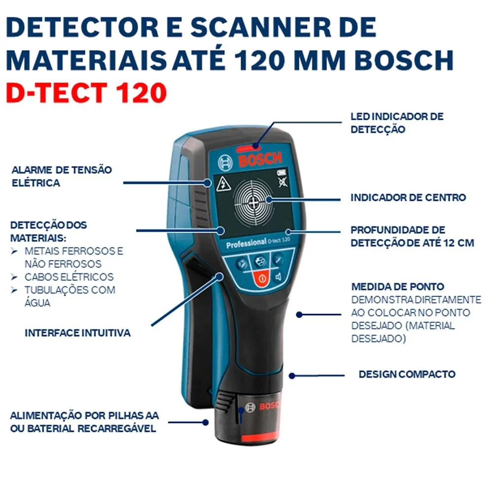 Detector de Materiais Digital Metais Plastico FIO e Madeira 120MM/+-5MM Bosch D-TECT120