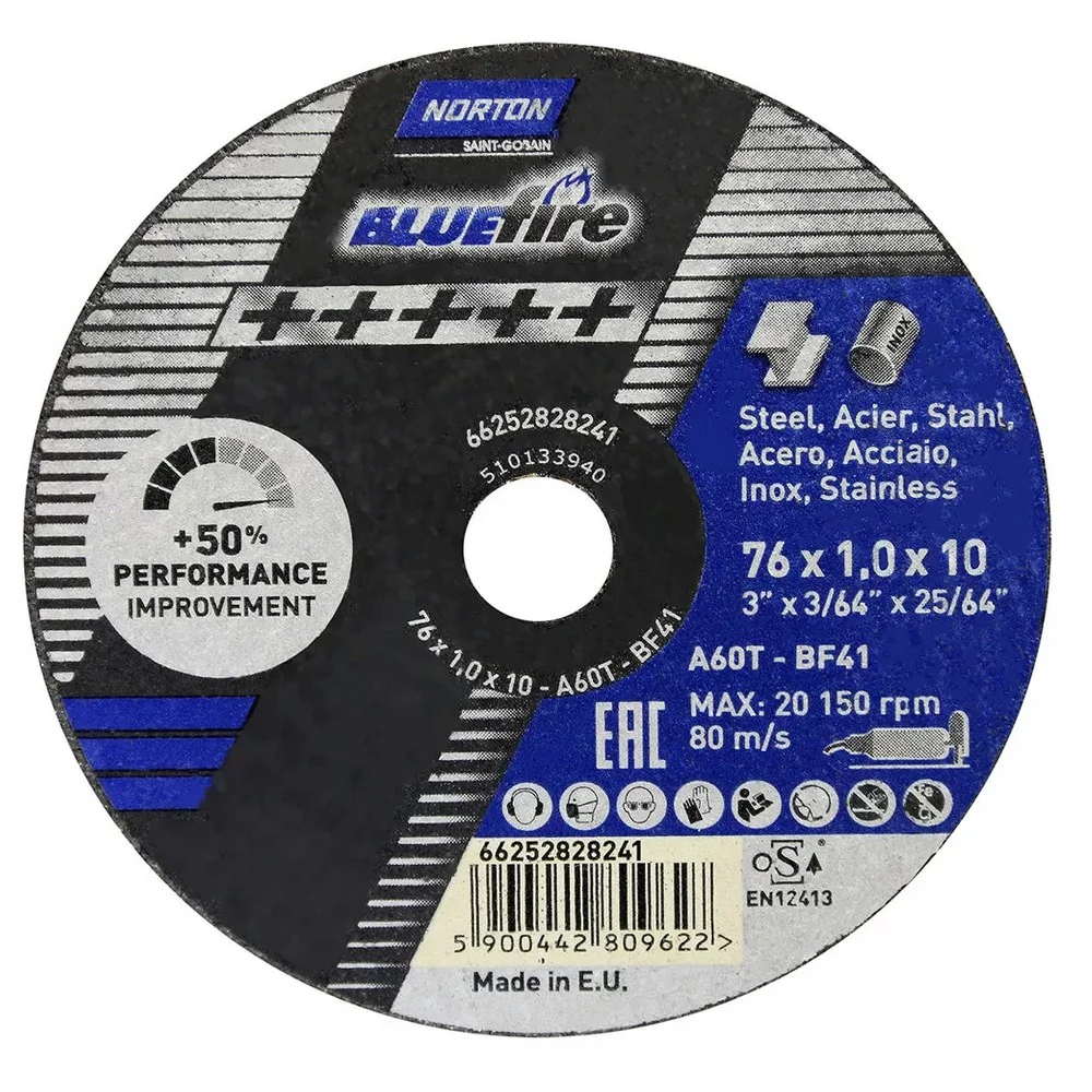 Disco de Corte Blue Fire para Inox 76X1X10MM Norton A60T-BF41