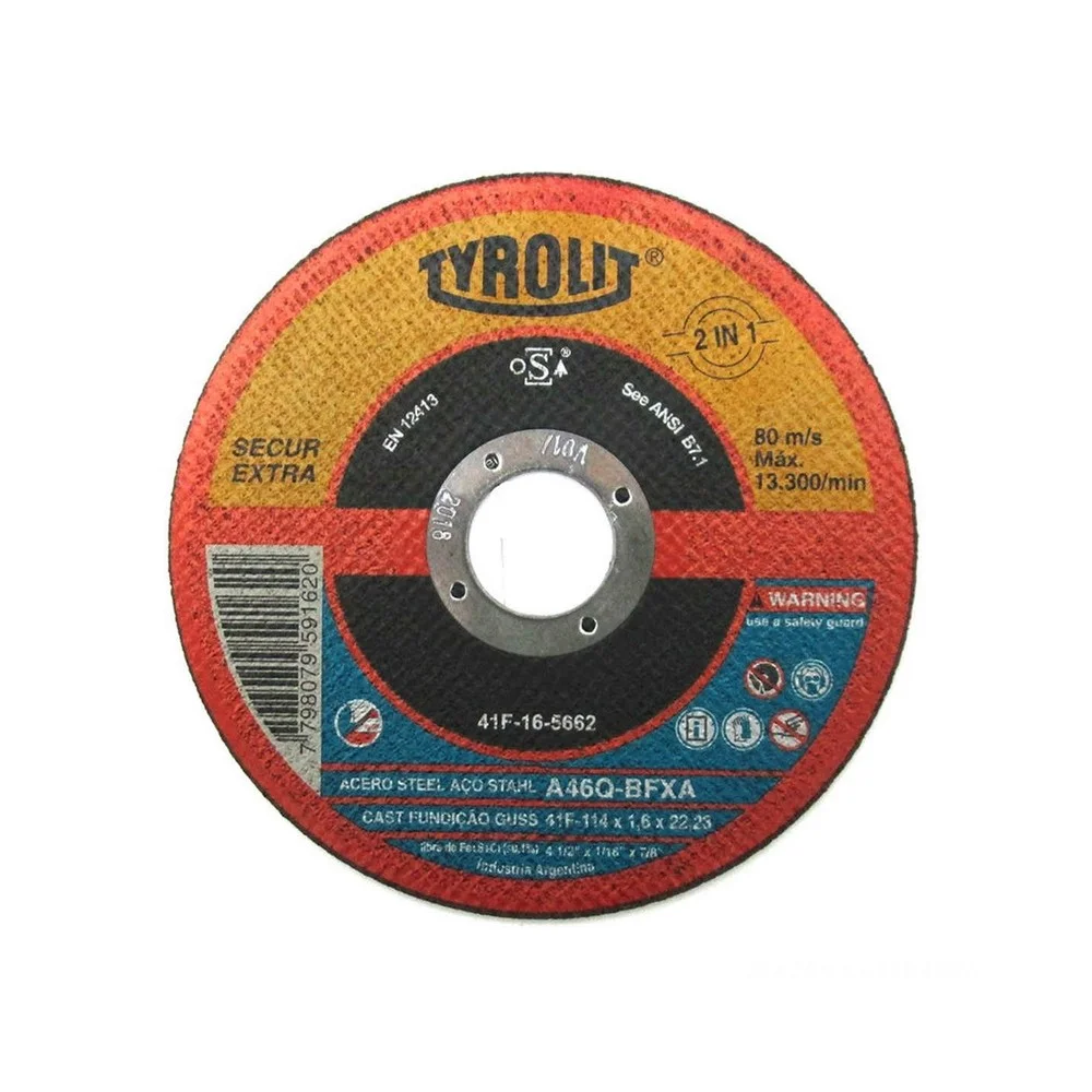 Disco de Corte Premium 2 Em 1 para Inox e ACO Carbono 4.1/2X1/16X7/8" Tyrolit A46Q-BFXA