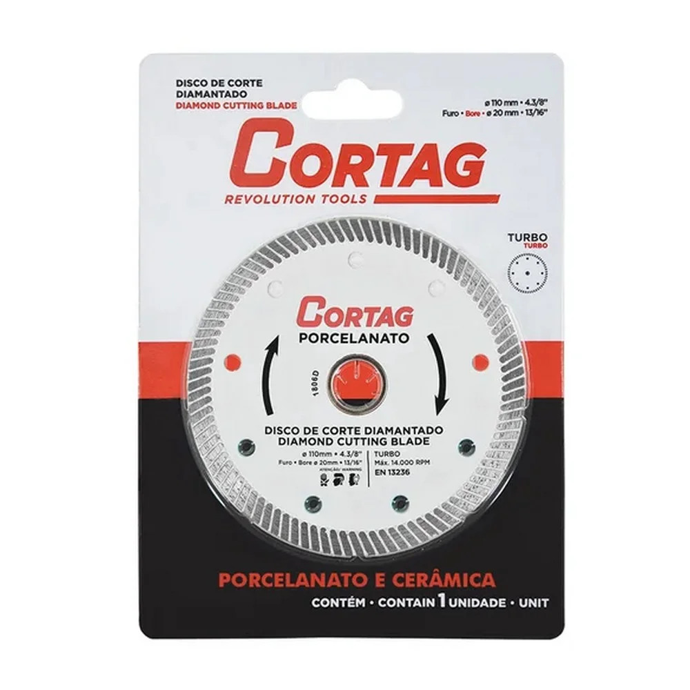 Disco Diamantado Turbo Plus Para Porcelanto e Ceramica Corte a Seco 4.3/8"-110MM Cortag 61314