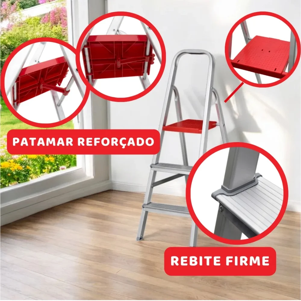 Escada de Aluminio de Abrir Domestica Capacidade 120KG 3 DEGRAUS-0,64M Reisam DOM3