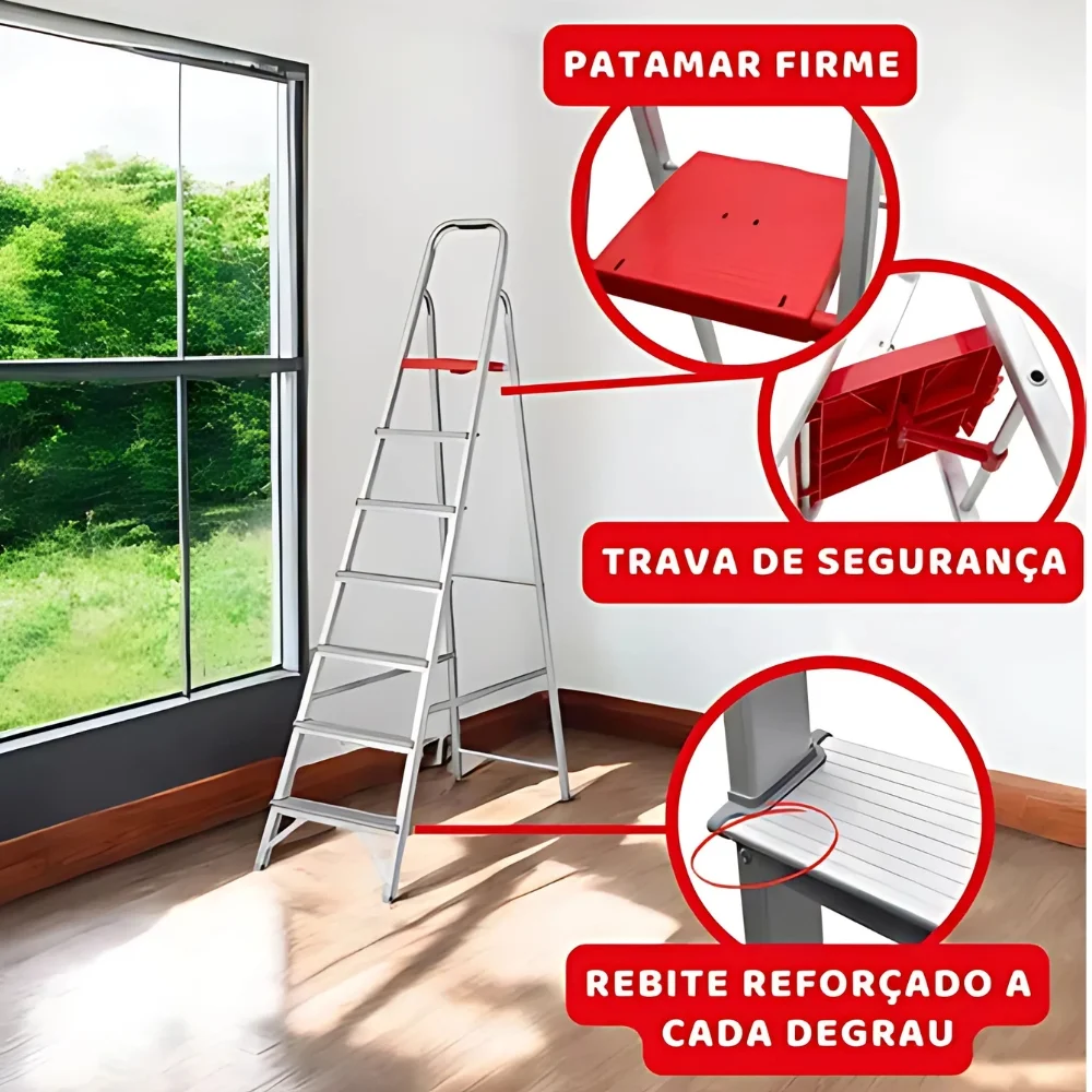 Escada de Aluminio de Abrir Domestica Capacidade 120KG 7 DEGRAUS-1,52M Reisam DOM7
