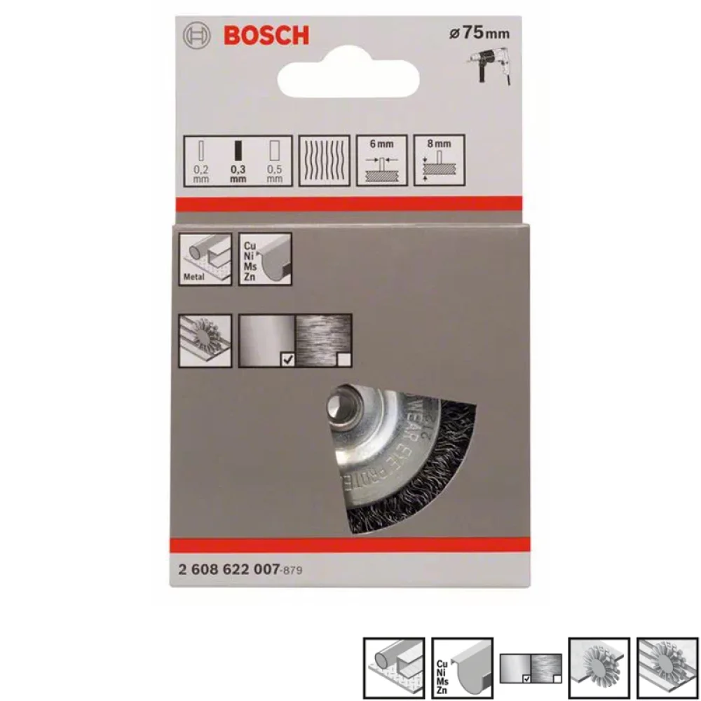 Escova de Aco Inox Circular com Haste FIO 0,30MM 75X8MM Bosch 2608622007