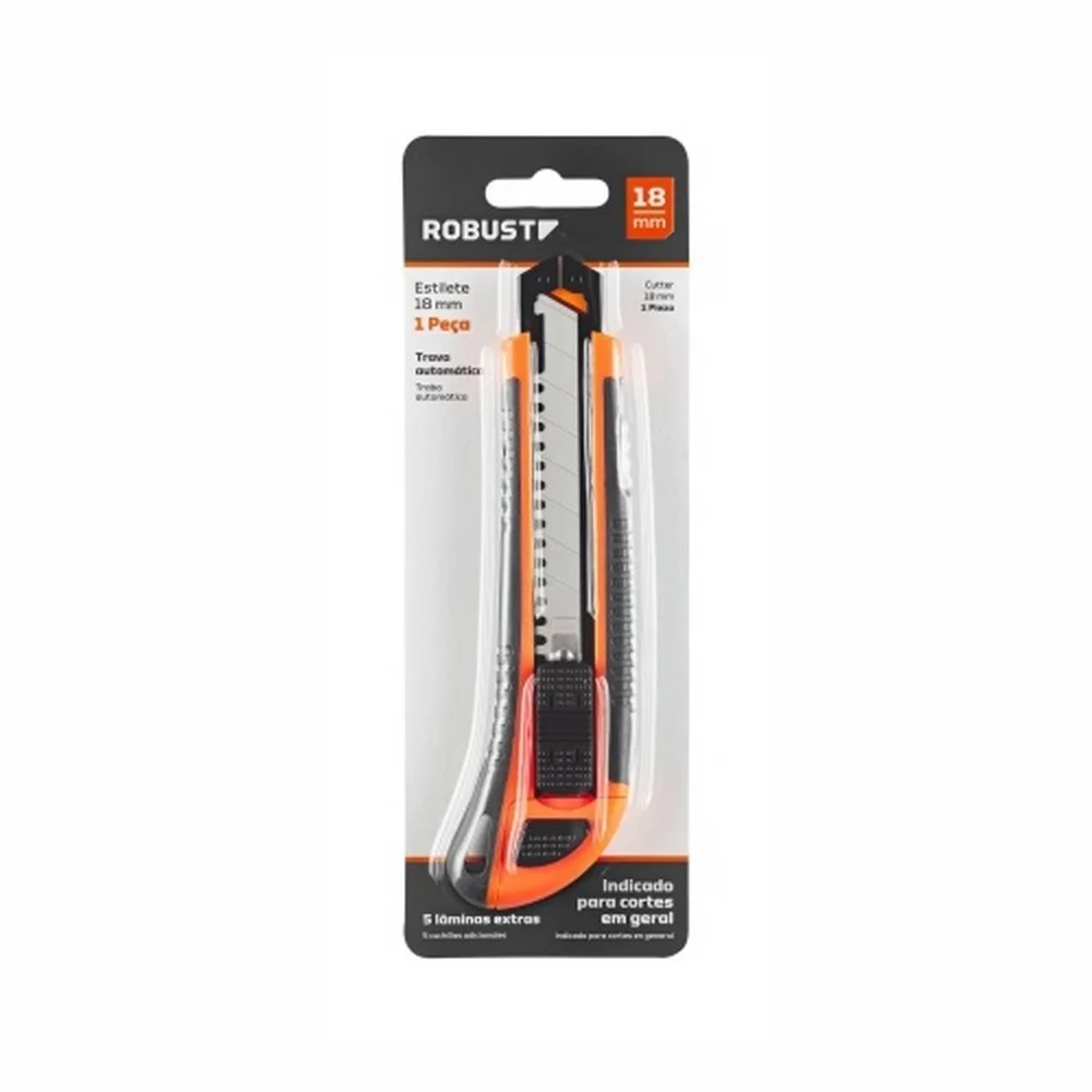 Estilete Retratil Largo Emborrachado Com 5 Laminas 18MM Robust S93201018