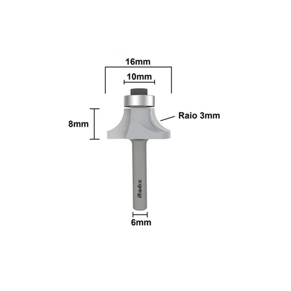 Fresa Cantoneira com Rolamento Raio 3 Para Tupia Manual MD 10X16MM H6 Radix 1974095.01