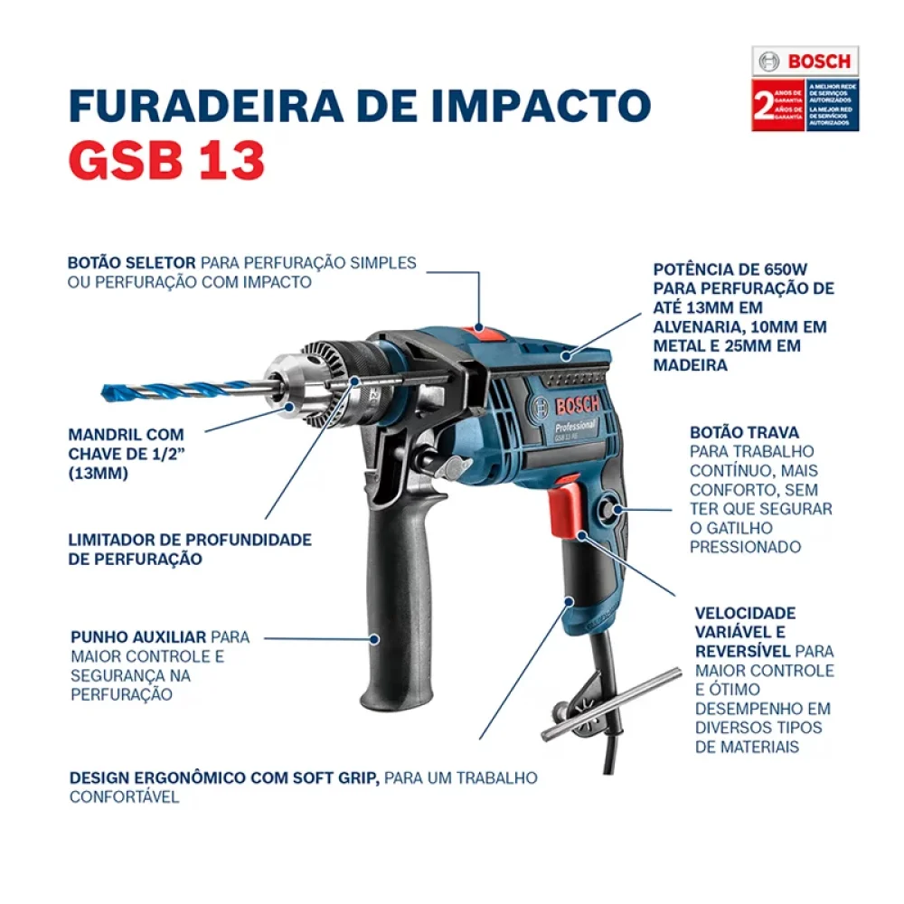 Furadeira de Impacto Reversivel Com 23 Acessorios e Velocidade Variavel 1/2" 220V 750W Bosch GSB 13RE