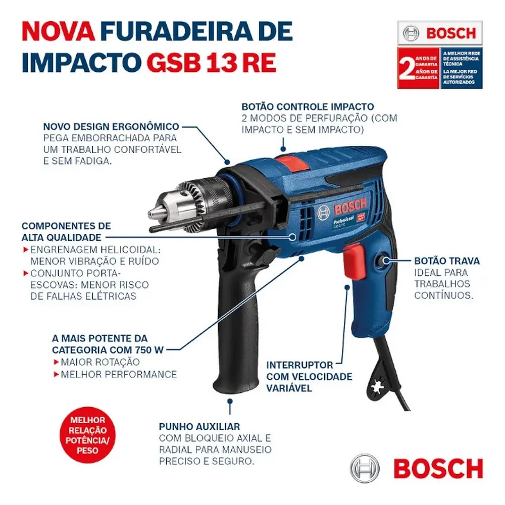 Furadeira de Impacto Reversivel Com 23 Acessorios e Velocidade Variavel 1/2" 110V 750W Bosch GSB 13RE
