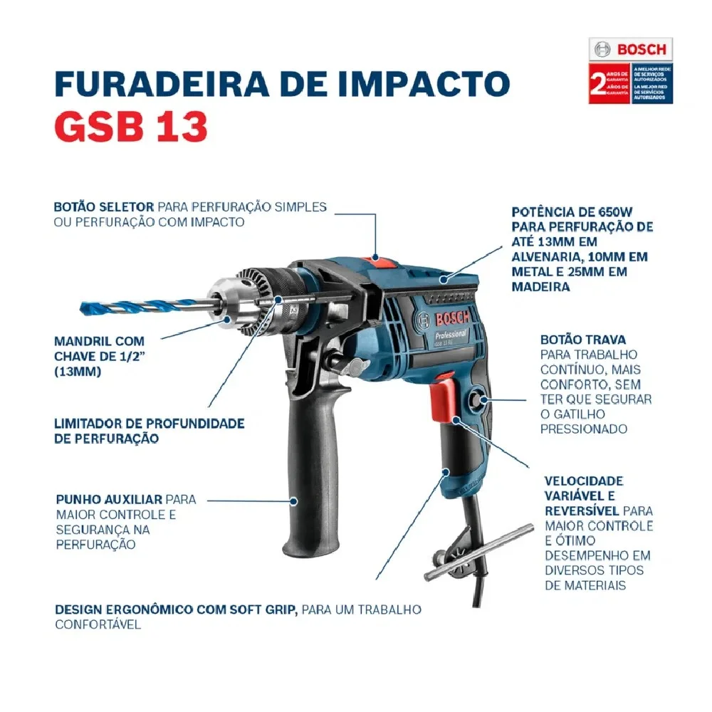 Furadeira de Impacto Reversivel Velocidade Variavel 1/2" 110V 750W Bosch GSB 13RE