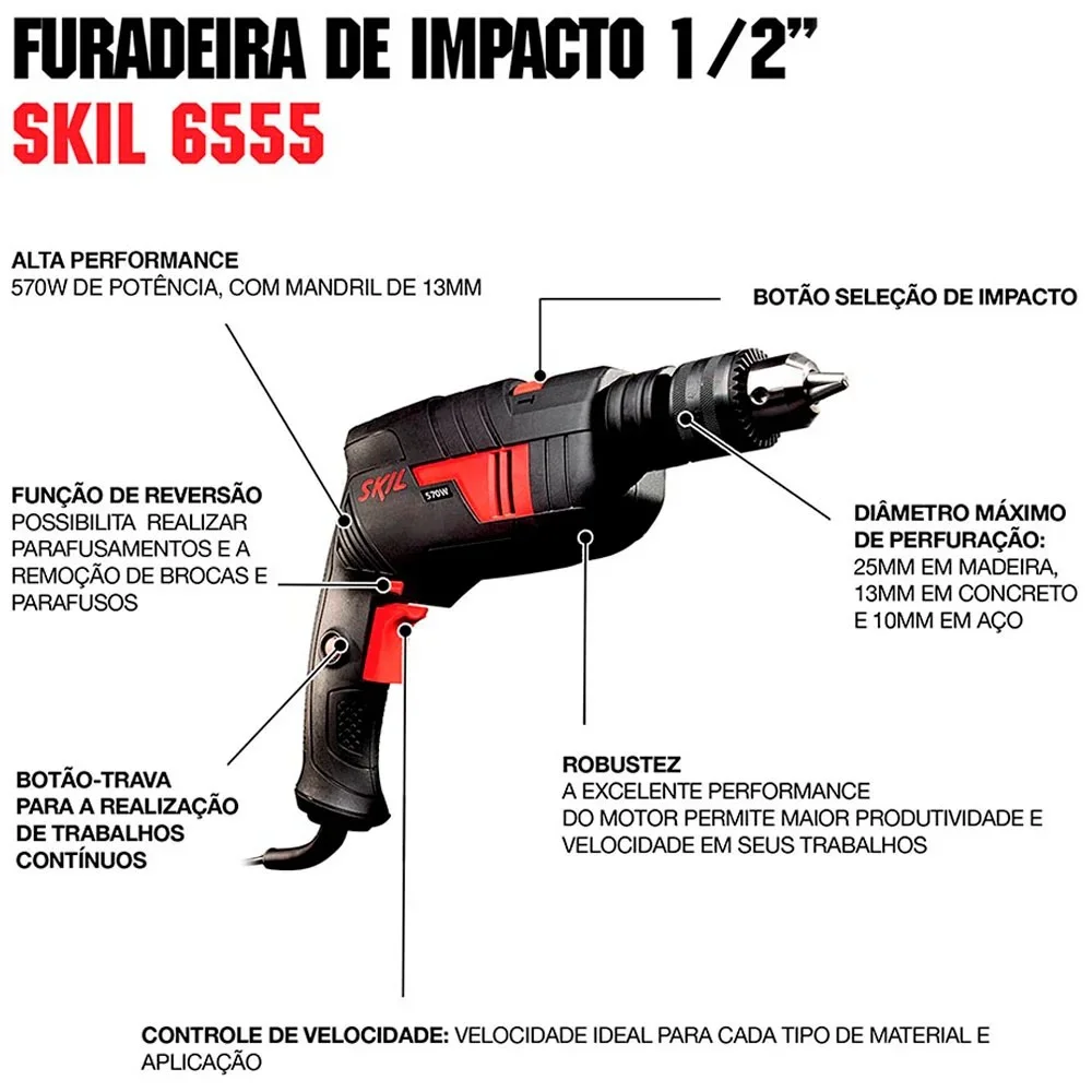 Furadeira de Impacto Reversivel Velocidade Variavel 1/2" 110V 570W Skil 6555