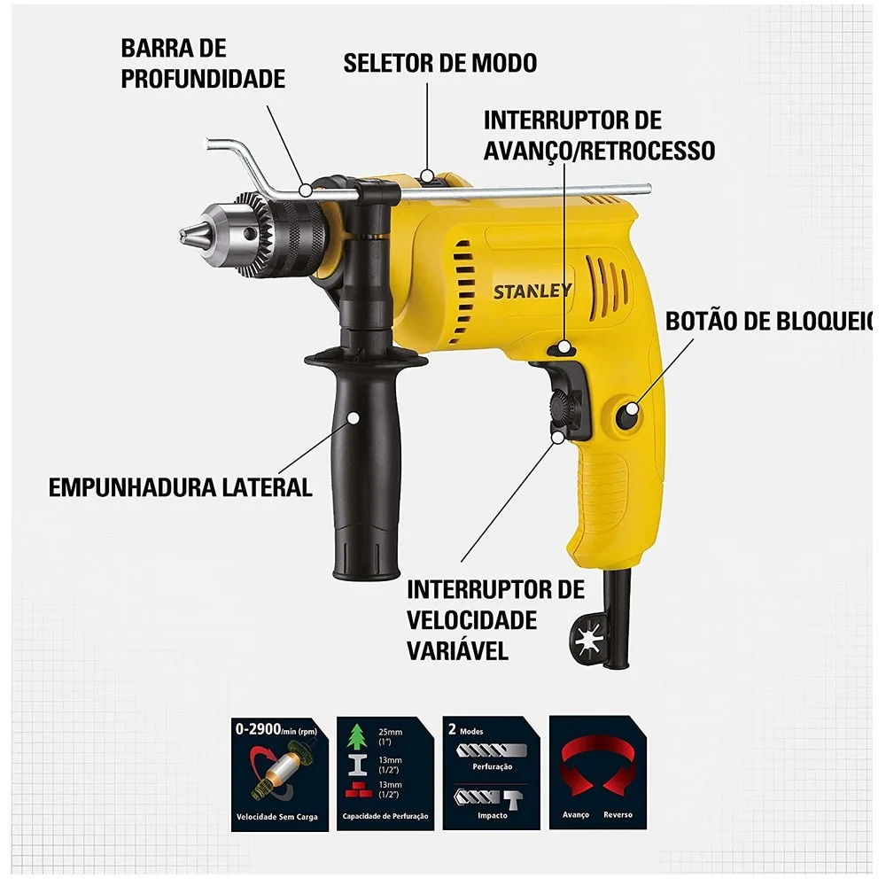 Furadeira de Impacto Reversivel Velocidade Variavel 1/2" 220V 600W Stanley SDH600-B2