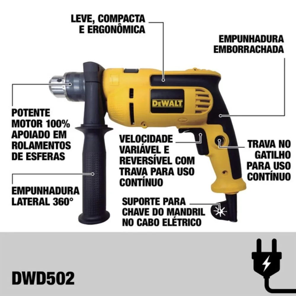 Furadeira de Impacto Reversivel Velocidade Variavel 1/2" 220V 750W Dewalt DWD502-B2