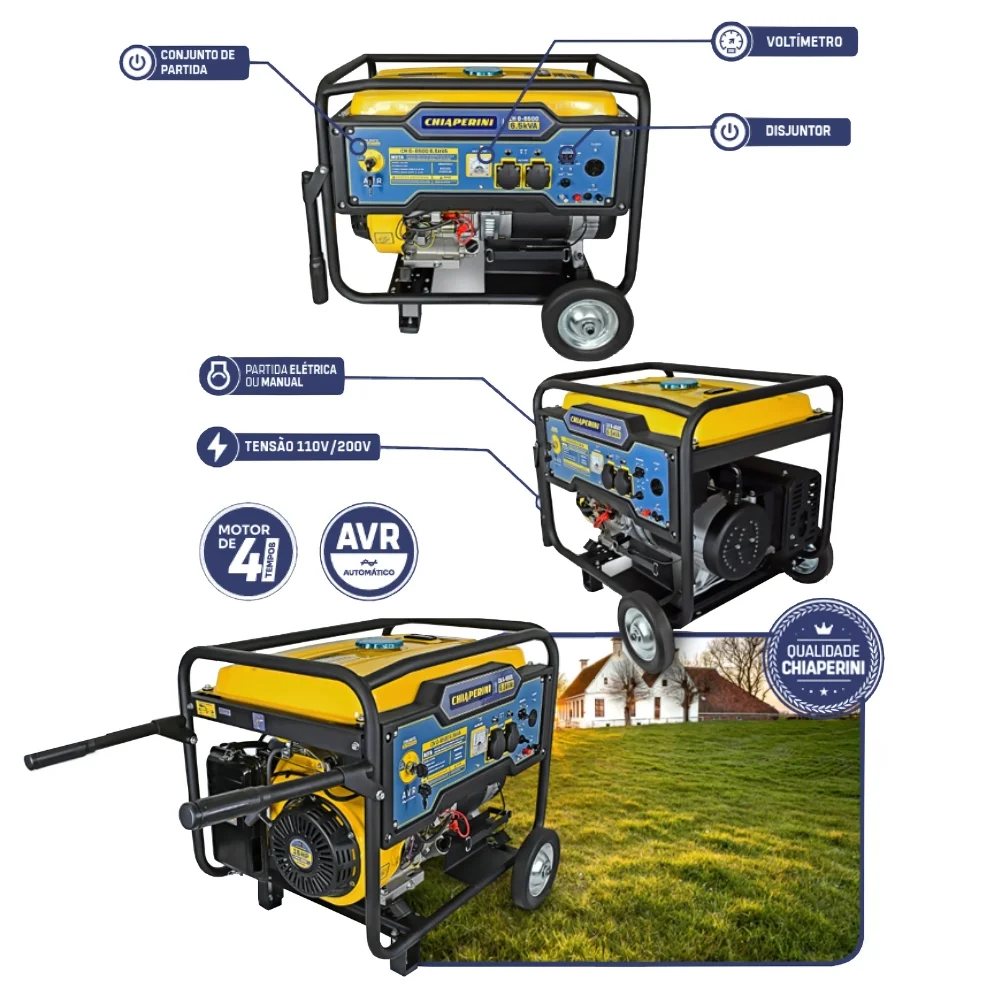 Gerador de Energia a Gasolina Motor 4T Partida Manual e Eletrica Bivolt 6,5KVA Chiaperini CH G-6500