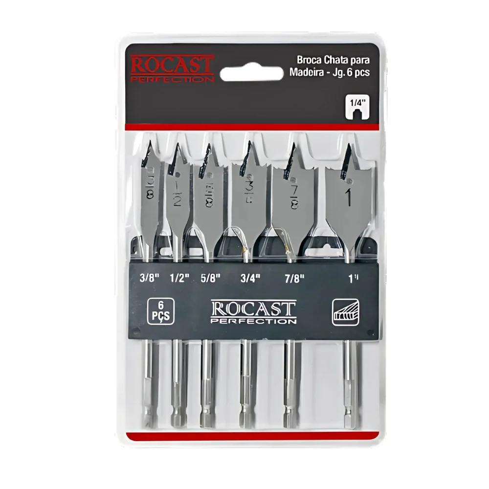 Jogo Broca Chata 6 Pecas Encaixe Hexagonal 3/8A1" Rocast 530050