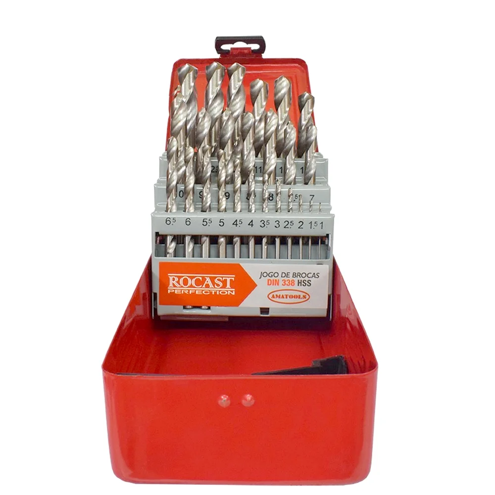 Jogo Broca Haste Paralela 25 Pecas DIN 338 HSS 1A13MM Rocast 50161