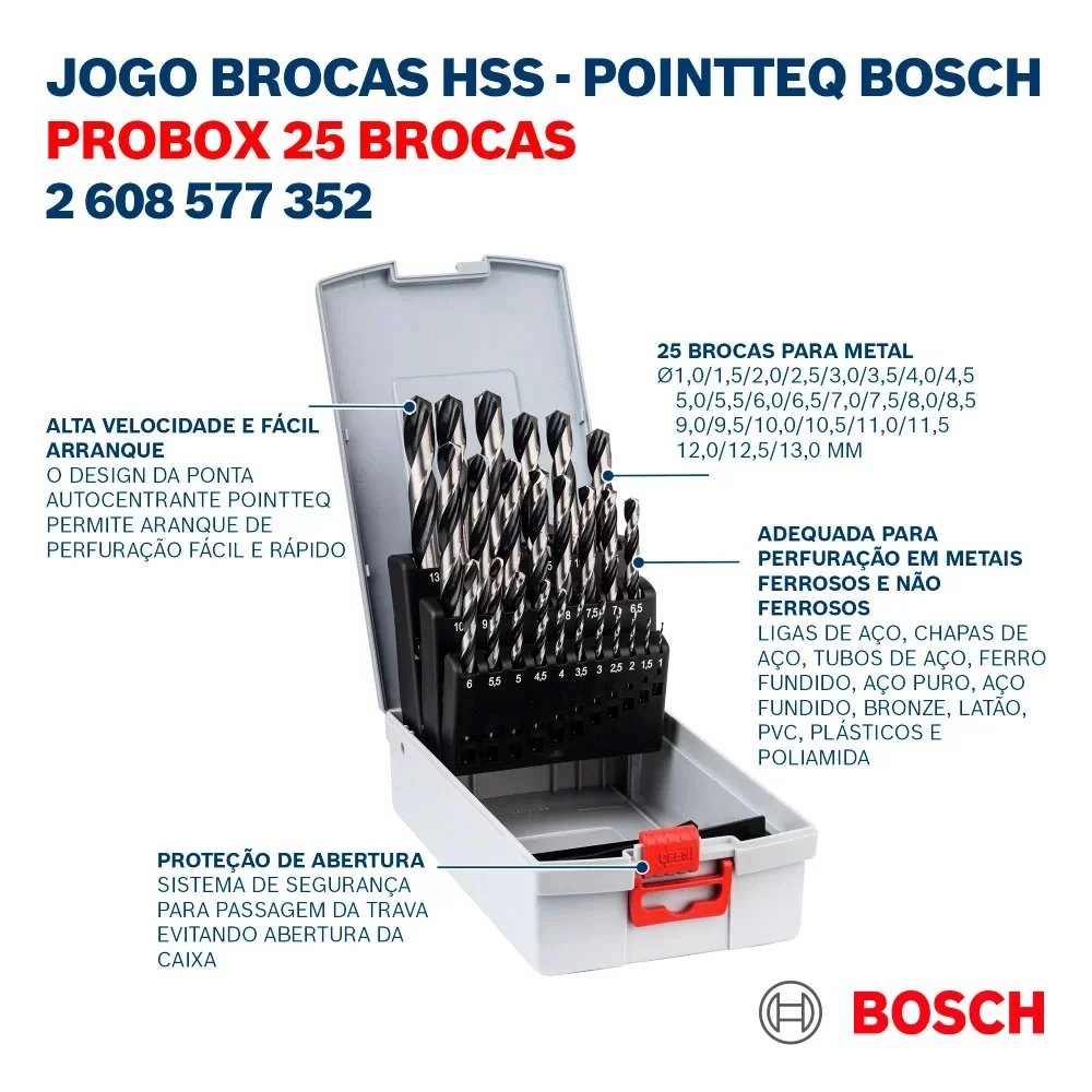 Jogo Broca Haste Paralela 25pcs Point TEQ DIN 338 HSS 1A13MM Bosch 2608577352