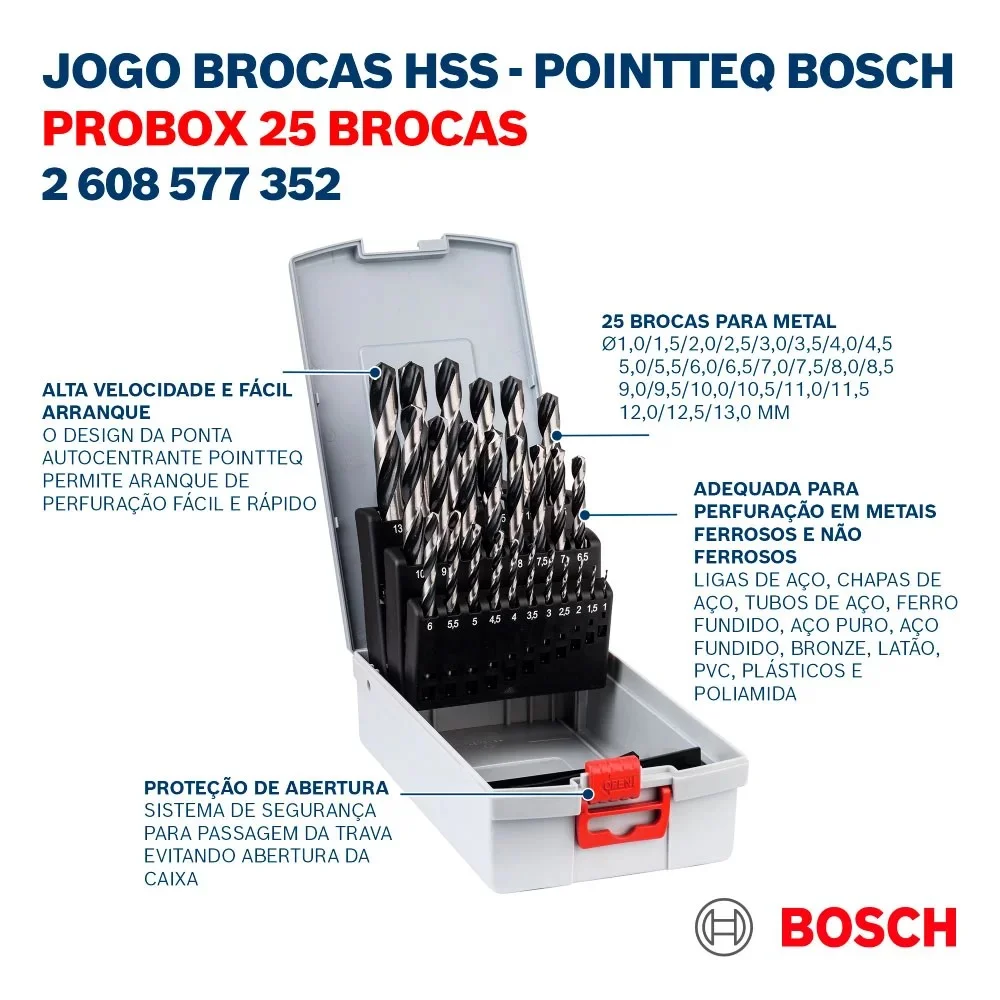Jogo Broca Haste Paralela 25 Pecas Point TEQ DIN 338 HSS 1A13MM Bosch 2608577352