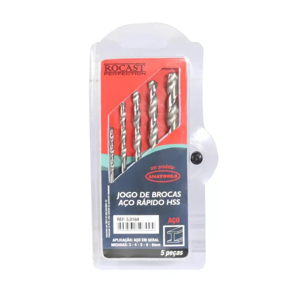 Jogo Broca Haste Paralela 5 Pecas DIN 338 HSS 3A8MM Rocast 50164