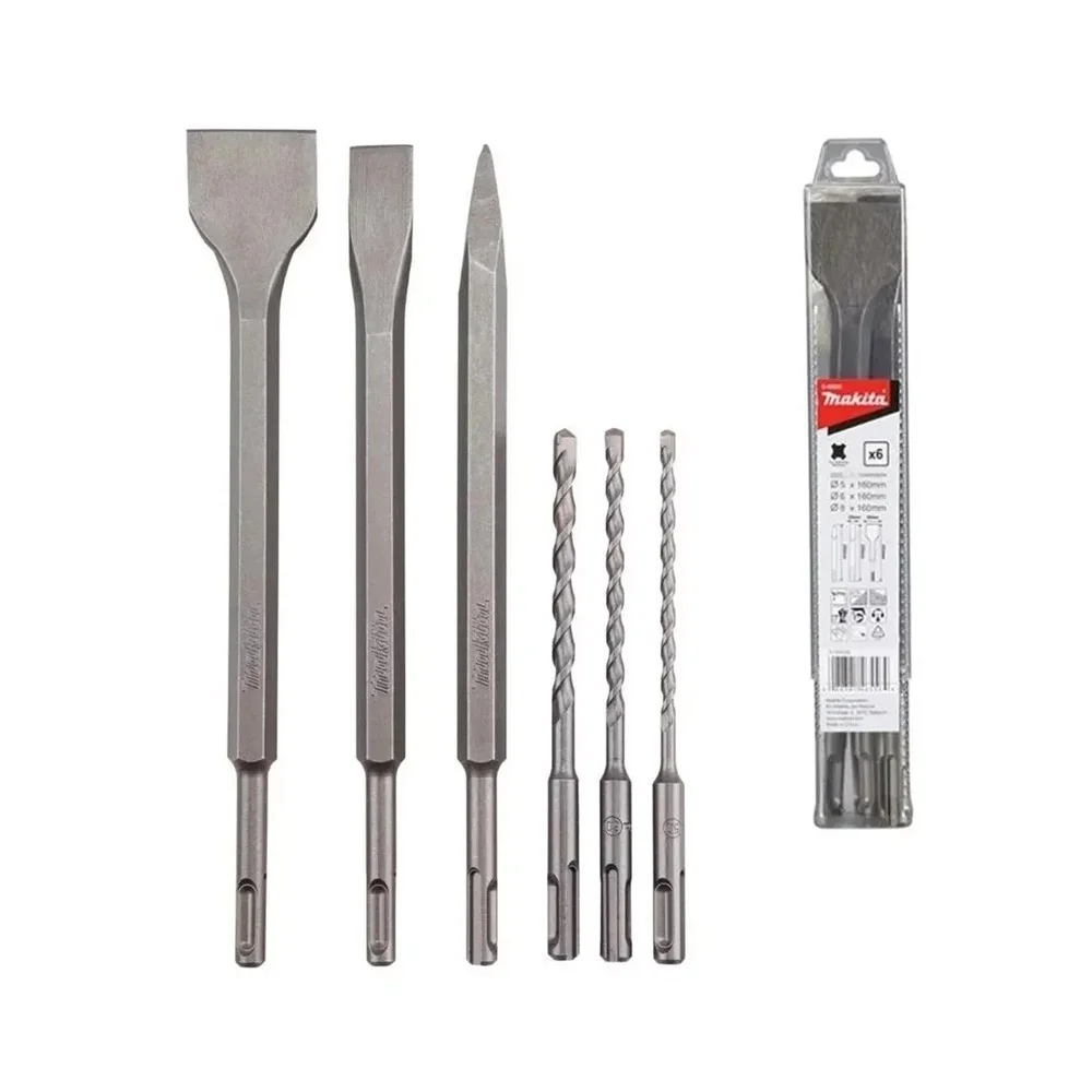 Jogo Brocas Talhadeiras e Ponteiro Sds Plus 6pcs 1 Ponteiro 2 Talhadeiras e Brocas 5,6,8MM Makita D-58920