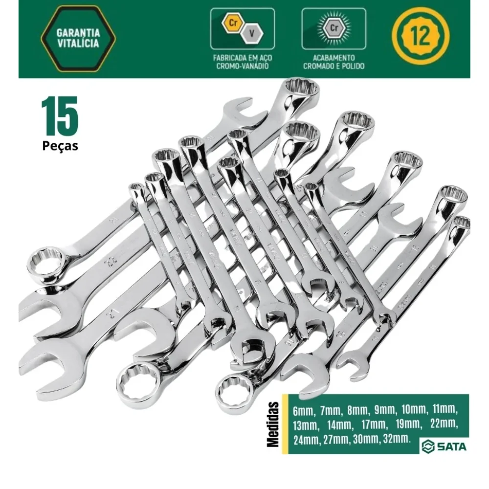 Jogo Chave Combinada 15pcs CRV 6A32MM Sata ST08042G