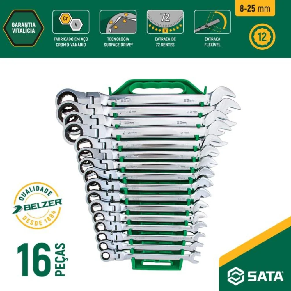 Jogo Chave Combinada com Catraca 16pcs Articulada CRV 8A25MM Sata ST09044G