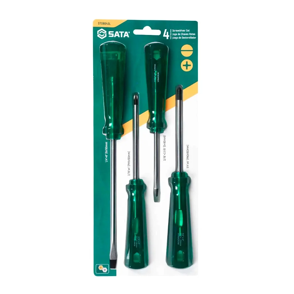 Jogo Chave de Fenda e Phillips 4pcs 2 Fendas e 2 Phillips CRV 3/16X3.1/8A1/4X6" Sata ST08043L