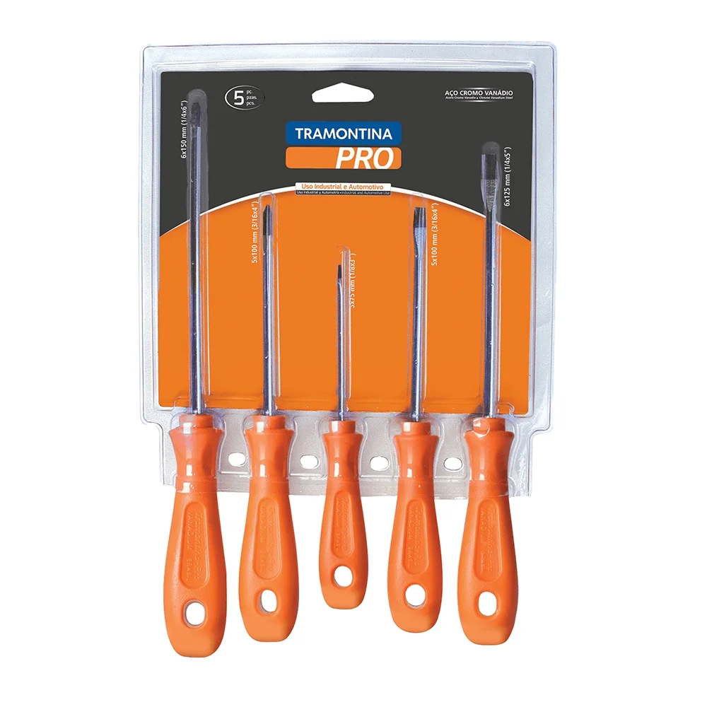 Jogo Chave de Fenda e Phillips 5pcs Twister 3 Fendas e 2 Phillips CRV 1/8X3A1/4X6" Tramontina Pro 44130/505