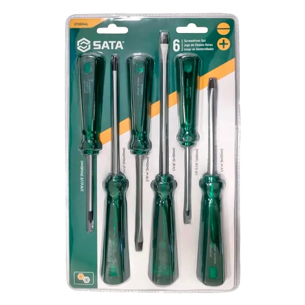 Jogo Chave de Fenda e Phillips 6pcs 4 Fendas e 2 Phillips CRV 1/8X3.1/8A1/4X6" Sata ST08044L