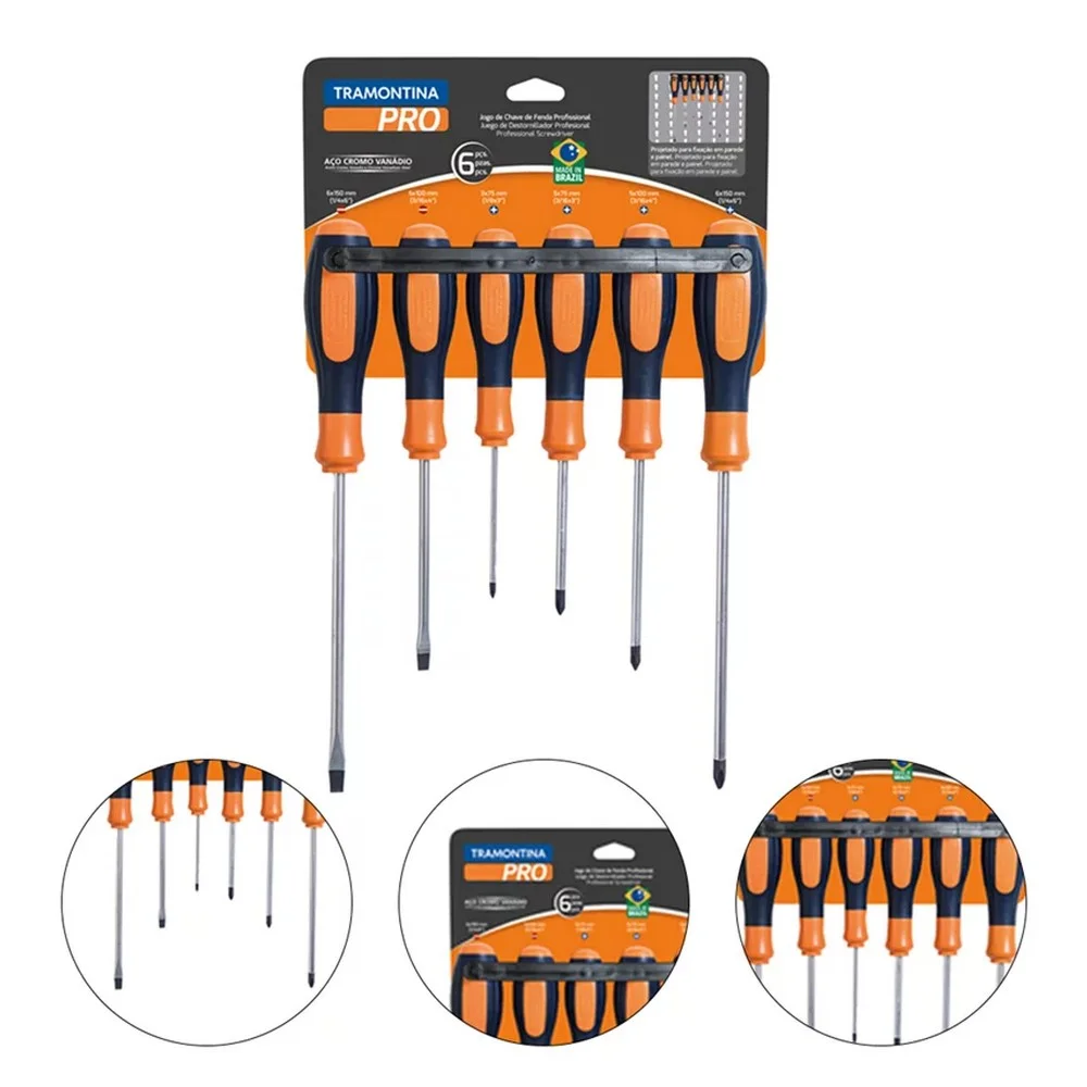 Jogo Chave de Fenda e Phillips 6pcs Ultragrip Plus 2 Fendas e 4 Phillips CRV 1/8X3A1/4X6" Tramontina Pro 44128/406