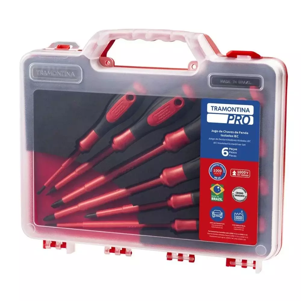 Jogo Chave de Fenda e Phillips Isolada 1000V 6pcs IEC60900 NR10 Cabo com Maleta 1/8X3"A1/4X6" Tramontina Pro 44347/221