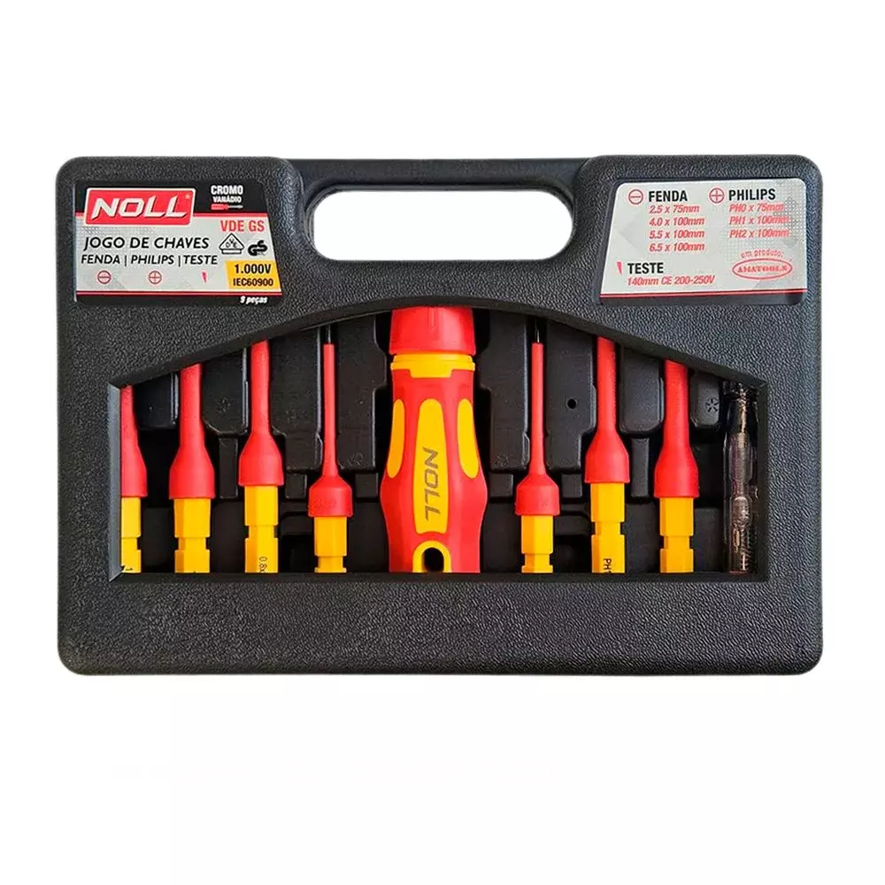 Jogo Chave de Fenda e Phillips Isolada 1000V 9pcs VDE IEC60900 NR10 4 Fenda 3 Phillips e 1 Teste CRV Noll VDE GS