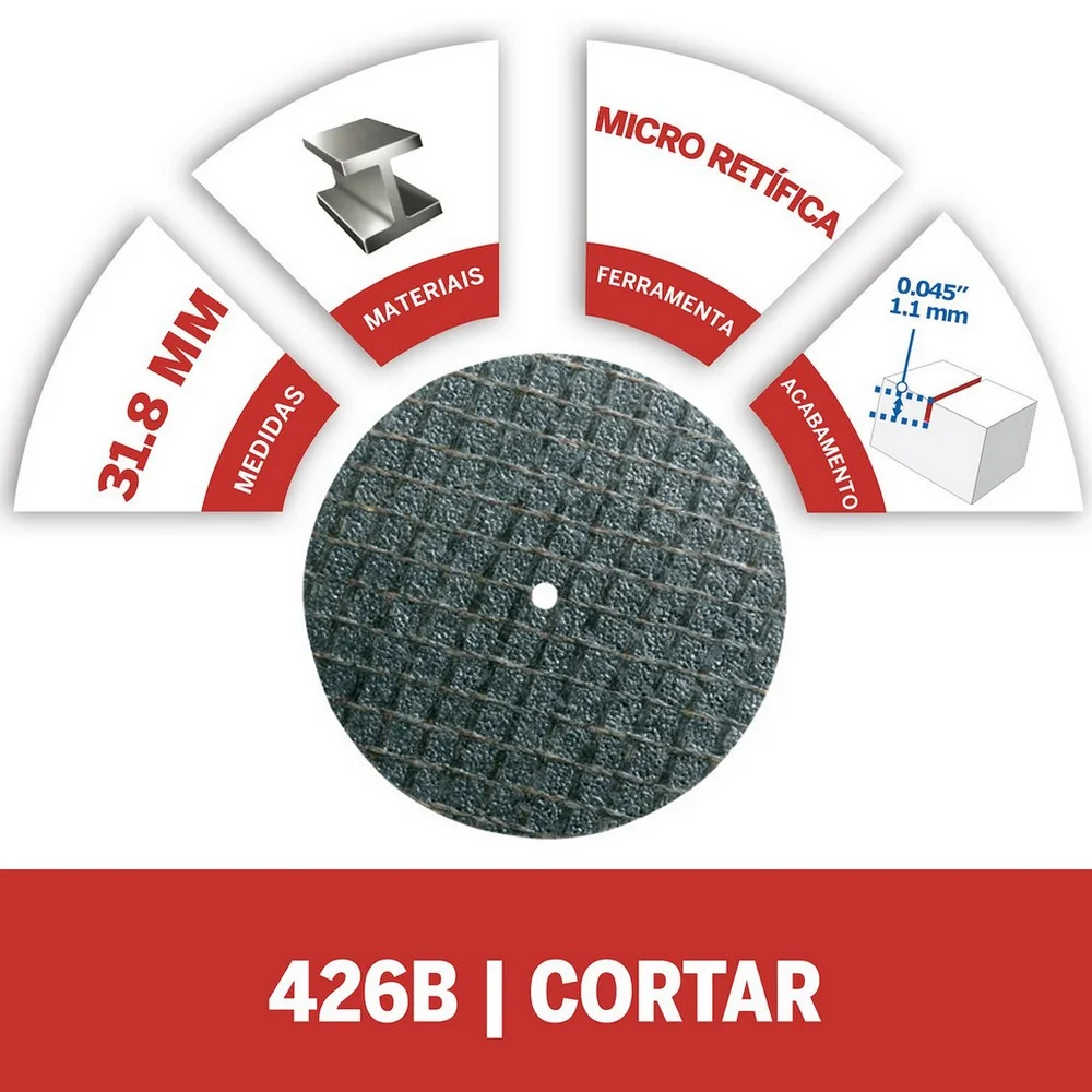 Jogo Disco de Corte para Metal 20 Pecas Reforcado com Fibra de Vidro para Micro Retifica 1.1/4" Dremel 426B