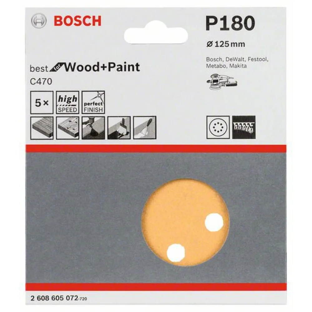 Disco de Lixa Velcro Madeira 5pcs Expert C470 com Furo GRAO 180-5" Bosch 2608900808