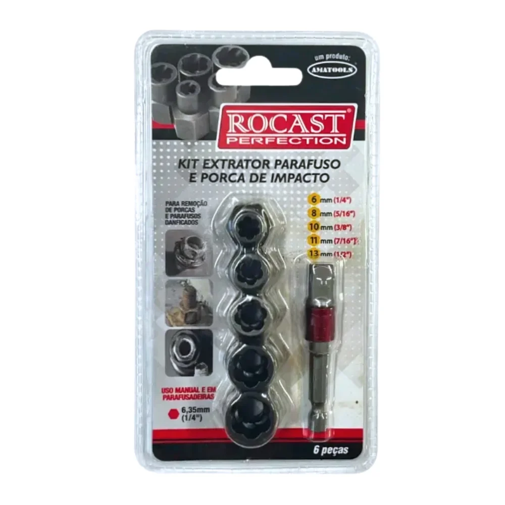 Jogo Extrator de Parafuso e Porcas 6pcs DE Impacto 1/4-1/2" Rocast 960006