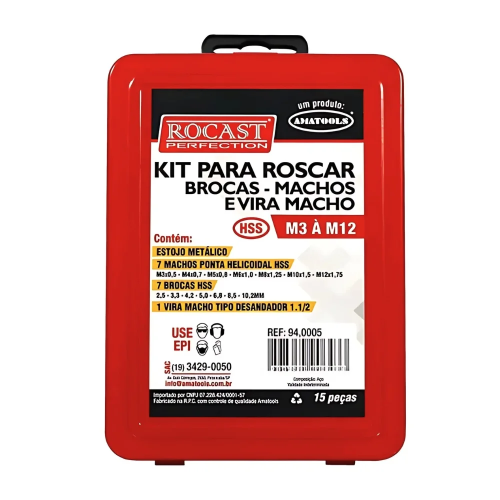 Jogo Ferramentas para Abrir Rosca 15pcs HSS 3A12MM Rocast 940005