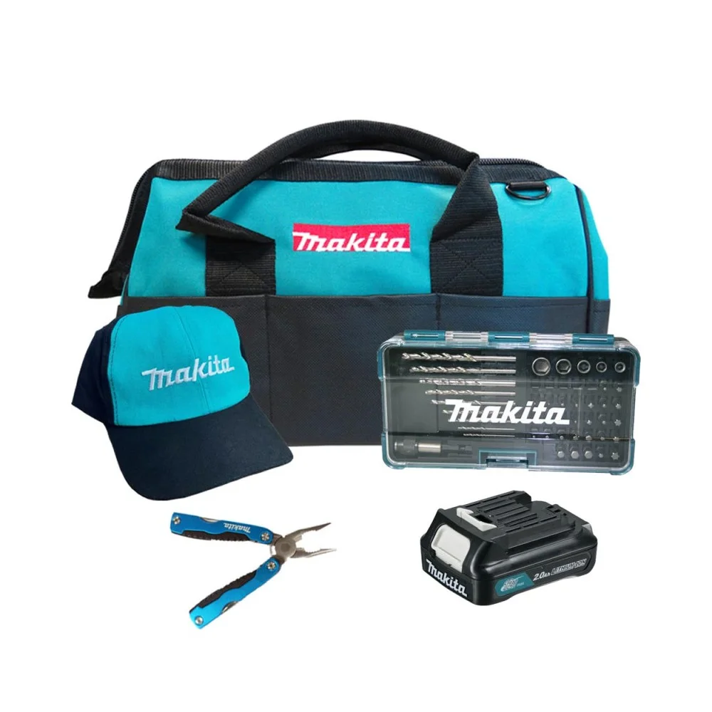 Jogo Kit de Energia Bolsa com 5 Pecas Bits Brocas Alicate Bone e Bateria 12V Makita CXT